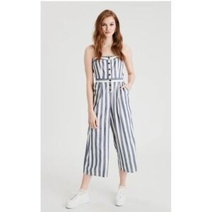 American Eagle Blue And White Striped Button Front Tube Jumpsuit‎ - Size Medium